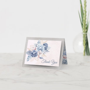 Blue and Pink Flowers on Pink & Grey Wedding Thank You Card