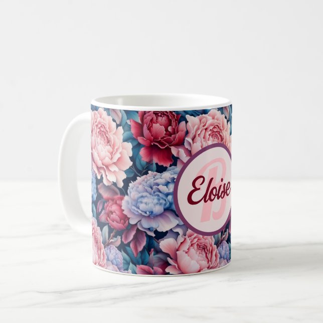 Blue and Pink Flowers Personalised Coffee Mug (Front Left)