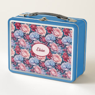 Blue and Pink Flowers Personalised Metal Lunch Box