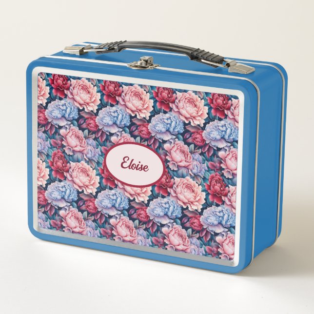 Blue and Pink Flowers Personalised Metal Lunch Box (Front)