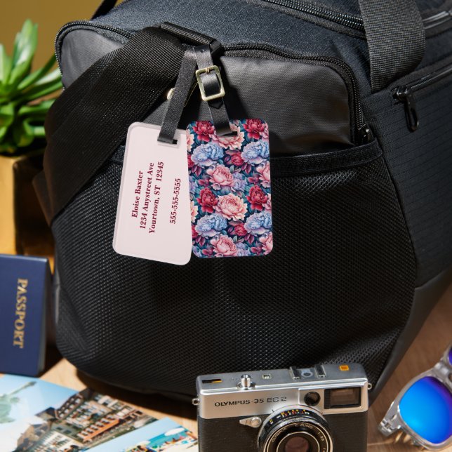 Blue and Pink Flowers Pink Back Luggage Tag (Front & Back)
