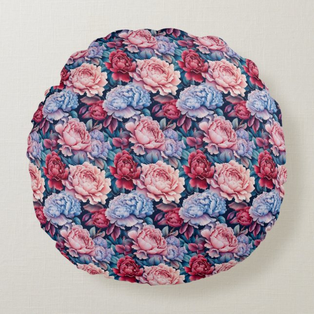 Blue and Pink Flowers Round Cushion (Front)