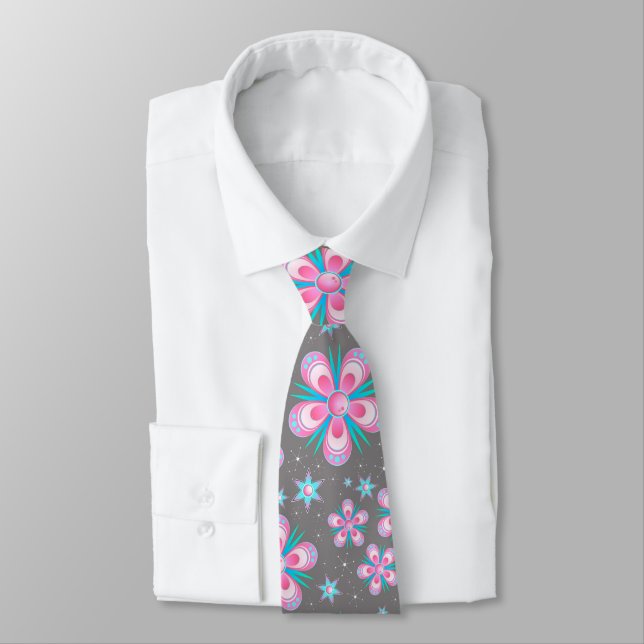 Blue And Pink Flowers White Sparks Tie (Tied)