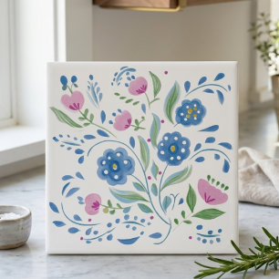 Blue and Pink Folk Art Floral Decorative Tile