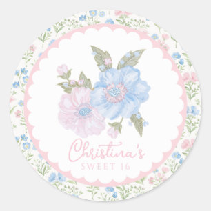 Blue and Pink Grandmillennial Floral Sweet 16 Classic Round Sticker
