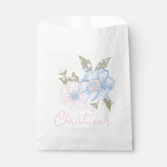 Blue and Pink Grandmillennial Floral Sweet 16 Favour Bags (Front)