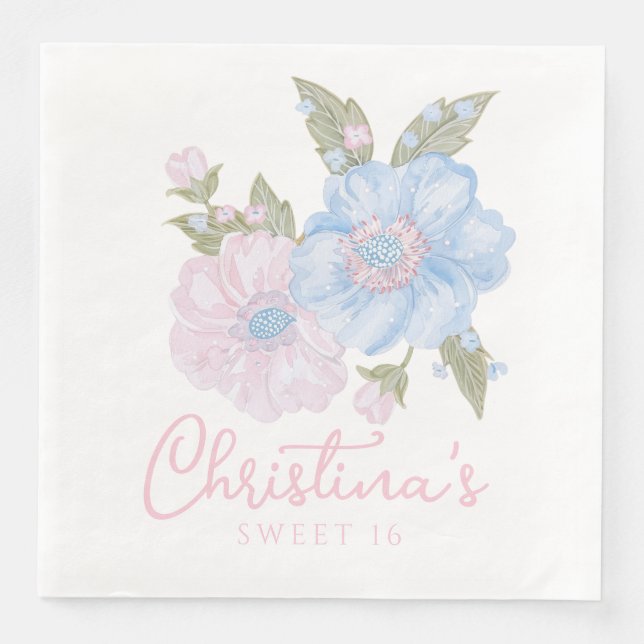 Blue and Pink Grandmillennial Floral Sweet 16 Napkin (Front)