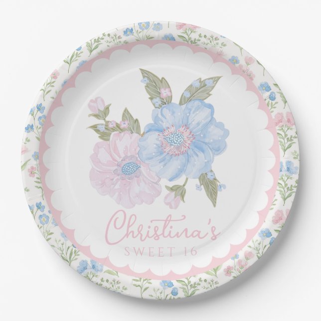 Blue and Pink Grandmillennial Floral Sweet 16 Paper Plate (Front)
