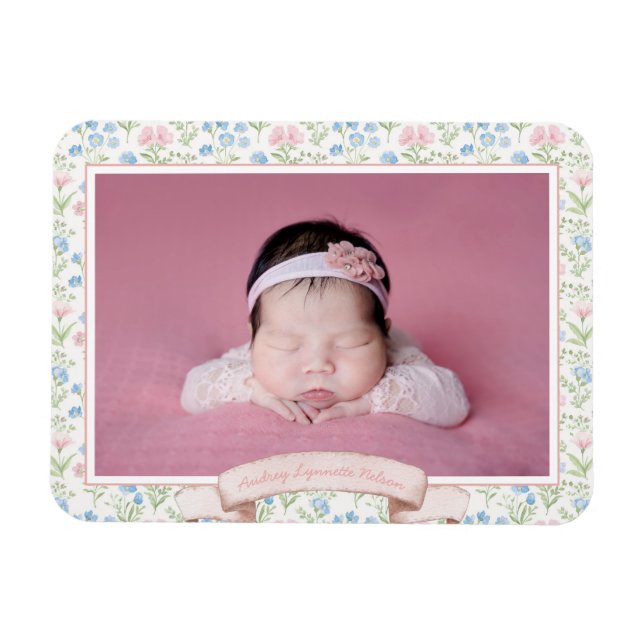 Blue and Pink Grandmillennial Flower Photo Baby  Magnet (Horizontal)