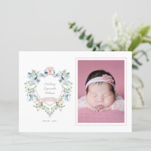 Blue and Pink Grandmillennial Ribbon Crest Baby  Announcement