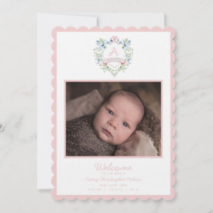 Blue and Pink Grandmillennial Ribbon Crest Baby Announcement