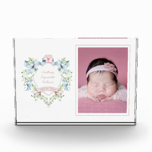 Blue and Pink Grandmillennial Ribbon Crest Baby  Photo Block