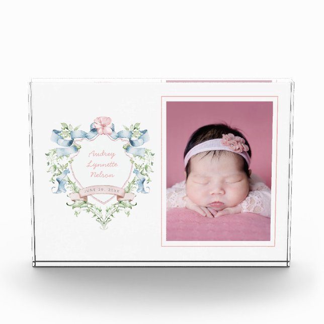 Blue and Pink Grandmillennial Ribbon Crest Baby  Photo Block (Front)