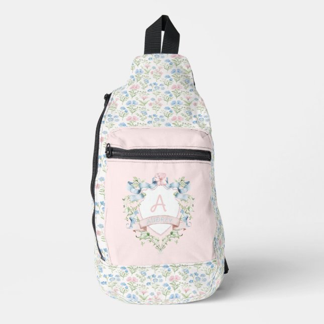 Blue and Pink Grandmillennial Ribbon Crest  Baby  Sling Bag (Front)