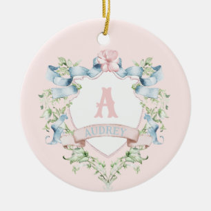 Blue and Pink Grandmillennial Ribbon Crest  Ceramic Tree Decoration