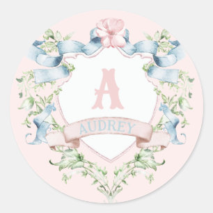 Blue and Pink Grandmillennial Ribbon Crest Classic Round Sticker