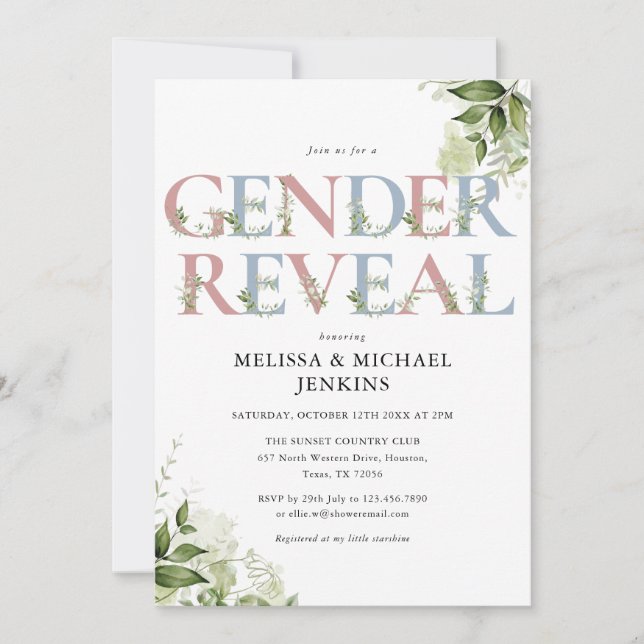 Blue And Pink Greenery Letter Gender Reveal Party Invitation (Front)