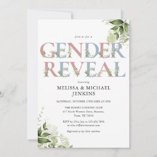 Blue And Pink Greenery Letter Gender Reveal Party Invitation