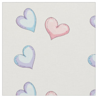 Blue and pink hearts on a white background fabric