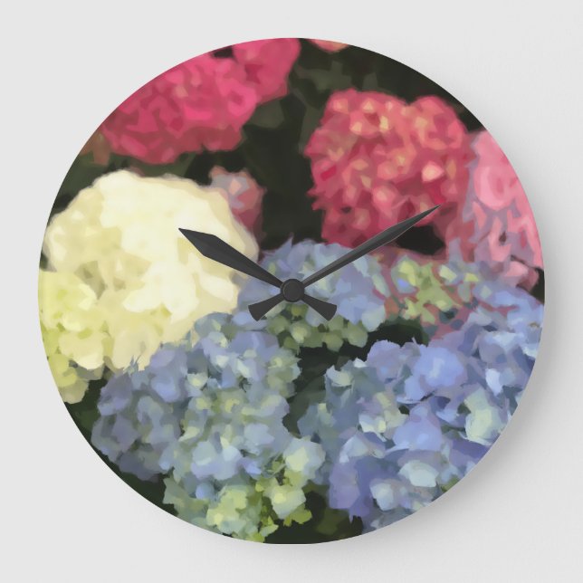 Blue and Pink Hydrangea Digital Flower Painting Large Clock (Front)
