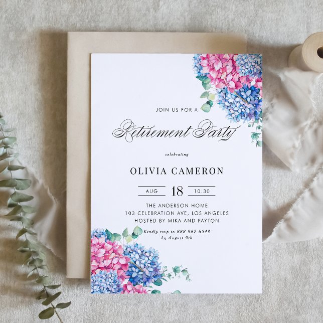 Blue and Pink Hydrangea Floral Retirement Party Invitation (Watercolor Blue and Pink Hydrangea Floral Retirement Party Invitation)