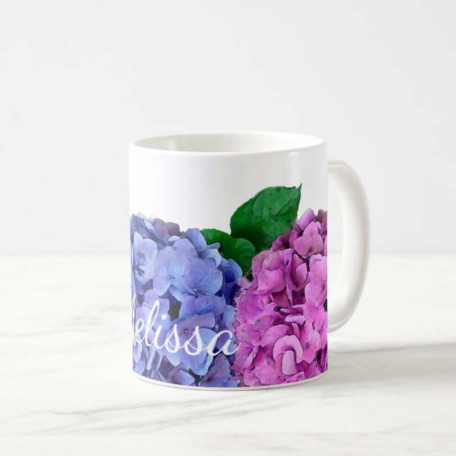 Blue and Pink Hydrangea Flowers Personalised Coffee Mug (Front Right)