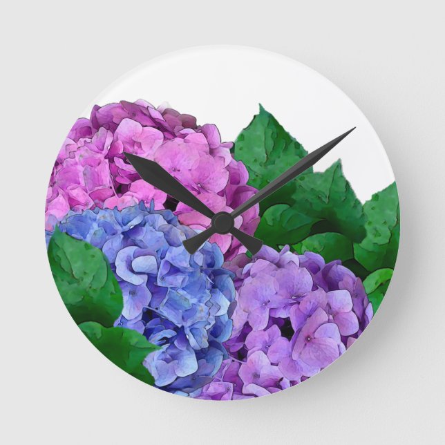 Blue and Pink Hydrangea Flowers  Round Clock (Front)