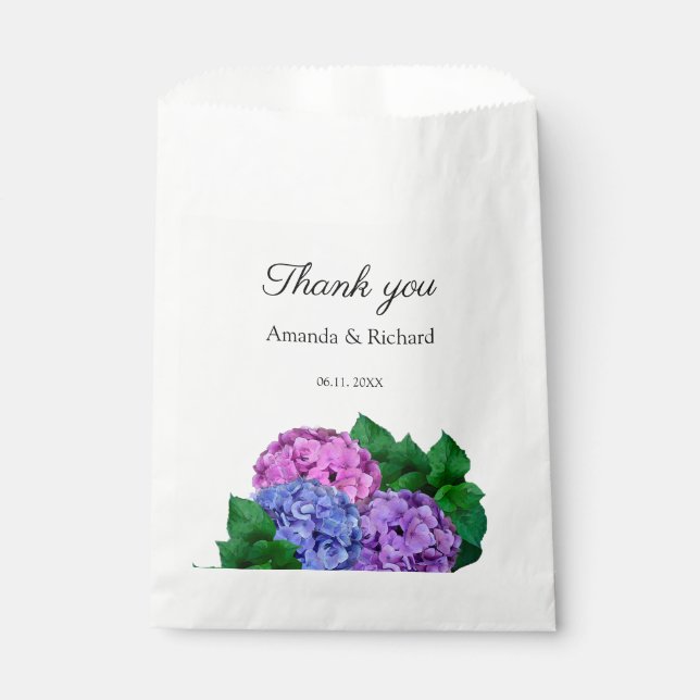 Blue And Pink Hydrangea Flowers Wedding Favour Bags (Front)