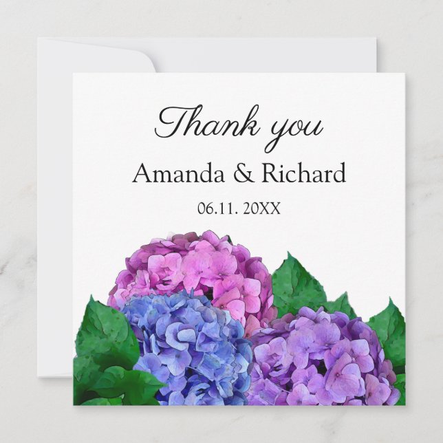 Blue and Pink Hydrangea Flowers Wedding Thank You (Front)