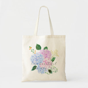 blue and pink hydrangea tote bag