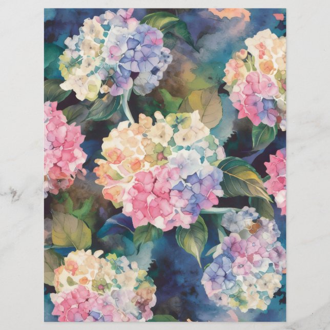 Blue and Pink Hydrangea Watercolor scrapbook paper (Front)