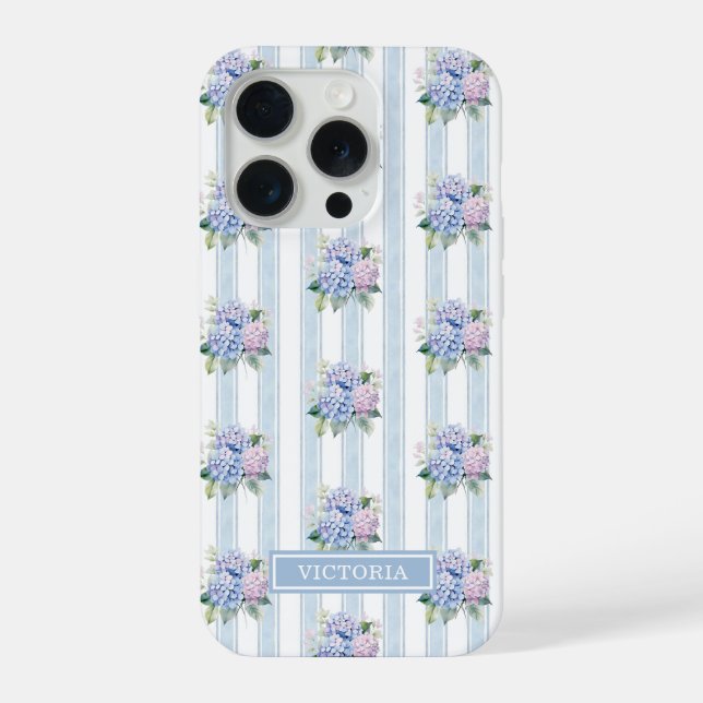 Blue and Pink Hydrangeas Monogrammed iPhone Case (Back)