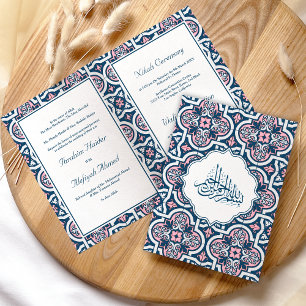 Blue and Pink Islamic Arabesque Muslim Wedding Invitation