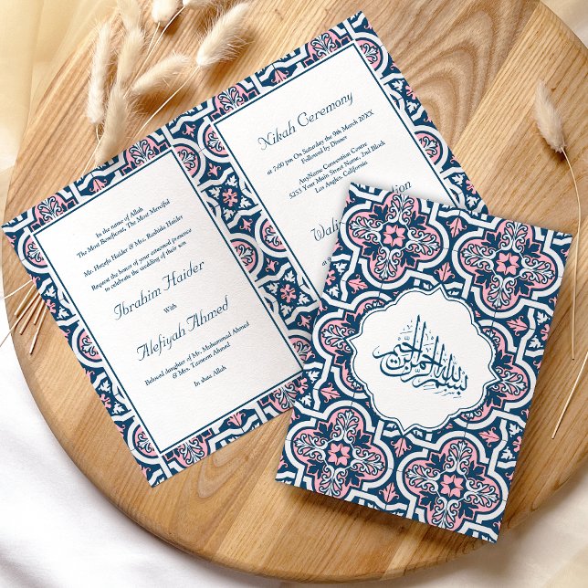 Blue and Pink Islamic Arabesque Muslim Wedding Invitation (Creator Uploaded)