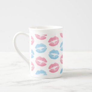 Blue and Pink Lips Pattern, Lipstick, Kiss Bone China Mug