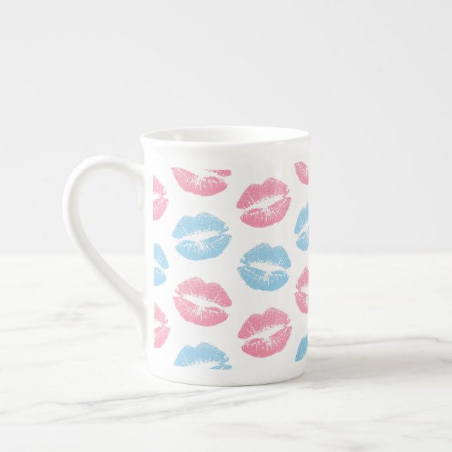 Blue and Pink Lips Pattern, Lipstick, Kiss Bone China Mug (Left)