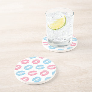 Blue and Pink Lips Pattern, Lipstick, Kiss Coaster