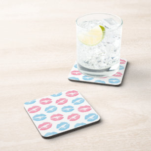 Blue and Pink Lips Pattern, Lipstick, Kiss Coaster