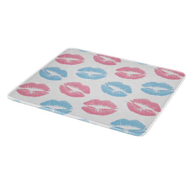 Blue and Pink Lips Pattern, Lipstick, Kiss Cutting Board (Corner)