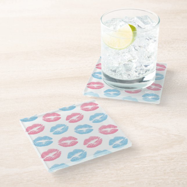 Blue and Pink Lips Pattern, Lipstick, Kiss Glass Coaster (Angled)