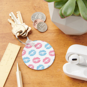 Blue and Pink Lips Pattern, Lipstick, Kiss Key Ring