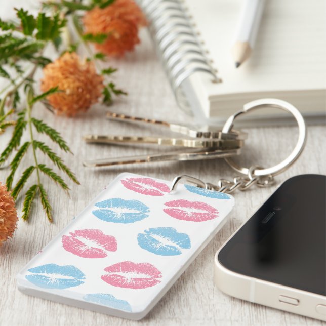 Blue and Pink Lips Pattern, Lipstick, Kiss Key Ring (Front Right)