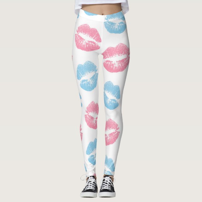 Blue and Pink Lips Pattern, Lipstick, Kiss Leggings (Front)