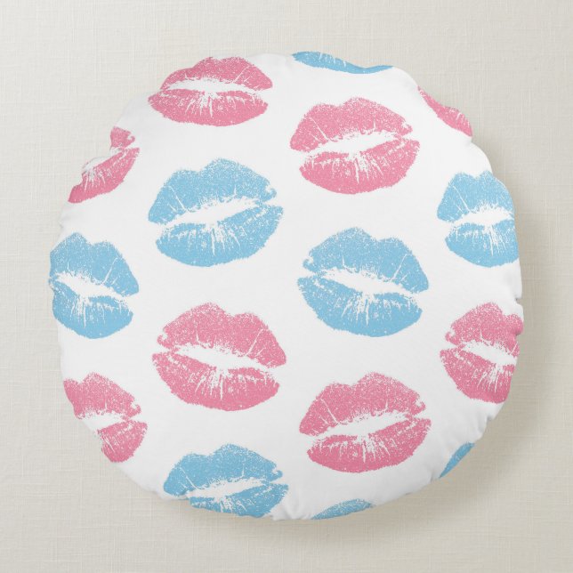 Blue and Pink Lips Pattern, Lipstick, Kiss Round Cushion (Front)