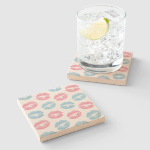 Blue and Pink Lips Pattern, Lipstick, Kiss Stone Coaster