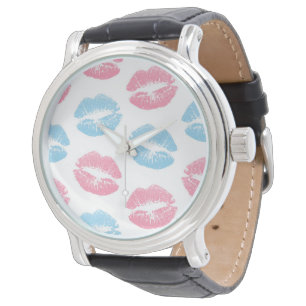 Blue and Pink Lips Pattern, Lipstick, Kiss Watch