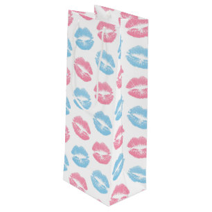 Blue and Pink Lips Pattern, Lipstick, Kiss Wine Gift Bag