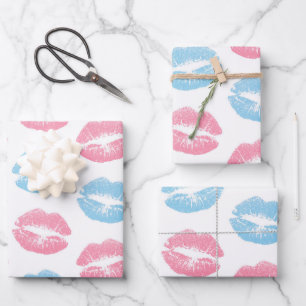 Blue and Pink Lips Pattern, Lipstick, Kiss Wrapping Paper Sheet