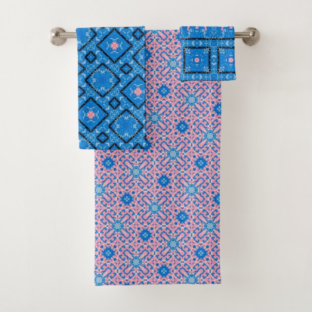 Blue and Pink Maximalist Bathroom Towel Set (Insitu)