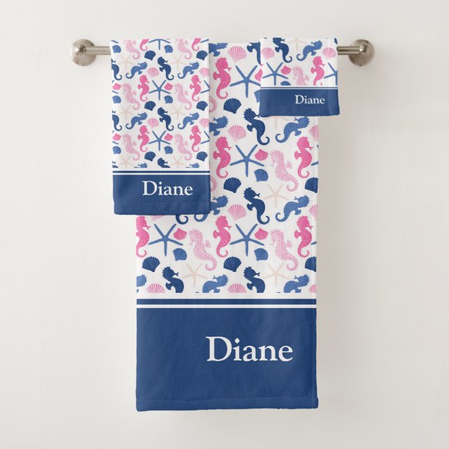 Blue and Pink Ocean Seashell Pattern with Name  Bath Towel Set (Insitu)